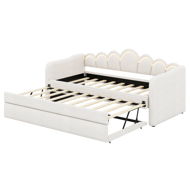 Contemporary Upholstered Daybed & Trundle with LED Lights, White
