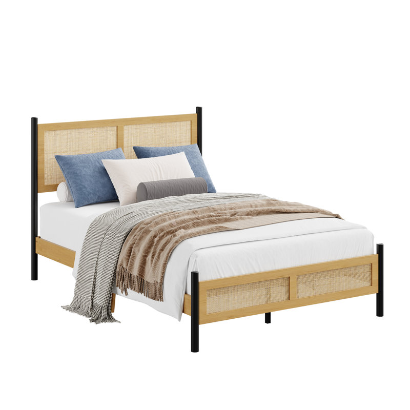 Base de lit plateforme double avec tête de lit et pied de lit en rotin tissé à la main, support en lattes de bois sans bruit en bois aggloméré, dégagement sous le lit de 7,5 po, aucun sommier nécessaire