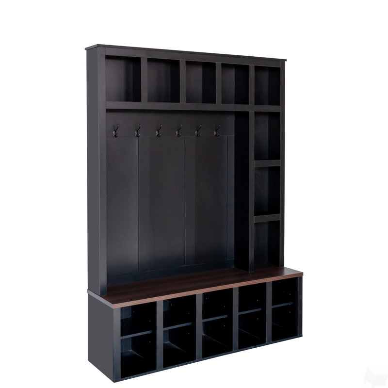 Farmhouse Wooden Hall Tree with 6 Hooks, Walnut Storage Bench with Adjustable Shelves,  4-in-1 Entryway Shoe Cabinet with Cubbies for Mudroom, Living Room, 76.7"H