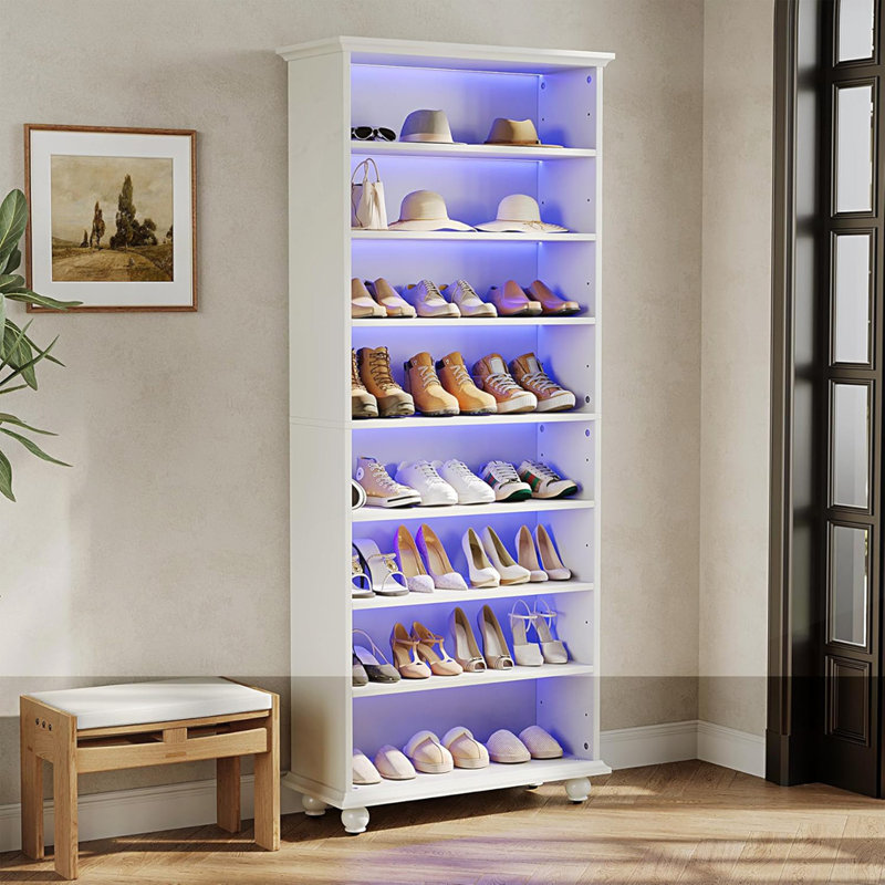 28.35" White 8-Tier Shoe Storage Cabinet With LED Light