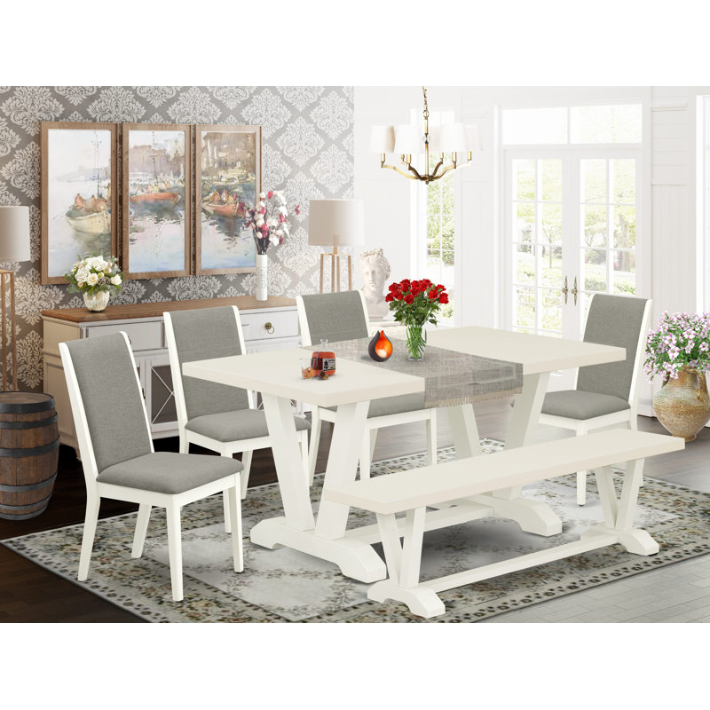 6 Piece Dining Set Contains a Rectangle Dining Room Table with V-Legs and 4 Shitake Linen Fabric Parson Chairs with a Bench, Wire Brushed Linen White