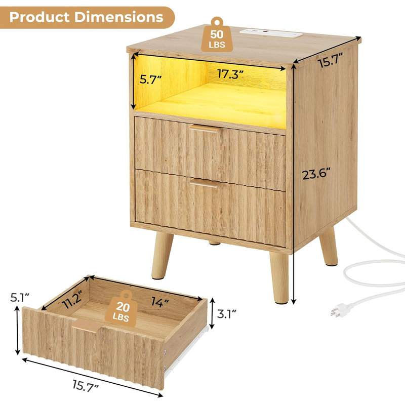 Fluted Nightstand with Charging Station - 2 Drawer Night Stand, Curved Bedroom End Table, Wood, Natural Oak
