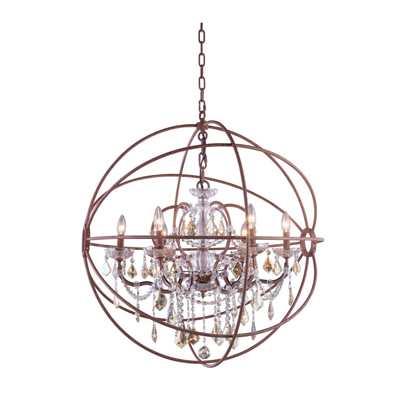 Lustre en forme de globe à 6 lumières de style bougie avec détails en cristal Svante, Teck doré (fumé), Bronze foncé
