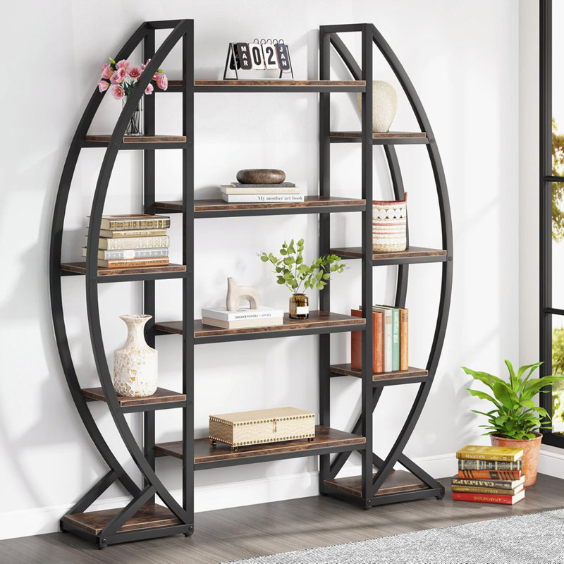 55" Triple Wide Oval Industrial Gray Etagere Bookcase, Rustic Brown