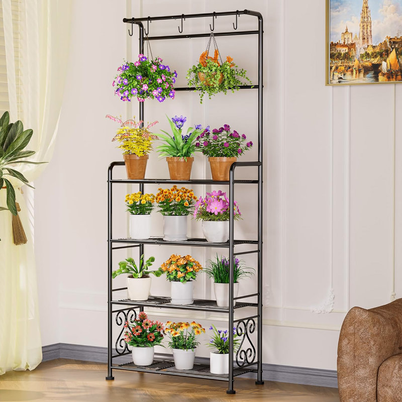Support pour plante d'intérieur et d'extérieur en métal robuste, support noir antirouille avec crochets et pieds réglables pour plantes multiples