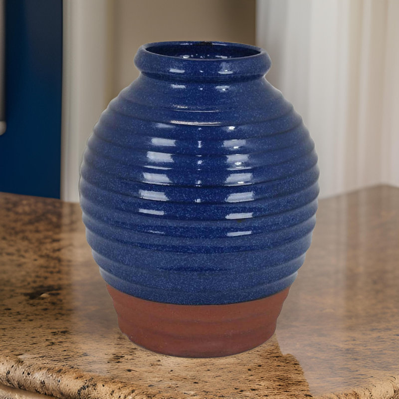 Vase décoratif 15 po Kohl, forme de pot, céramique, finition blanche et brune, Bleu/brun