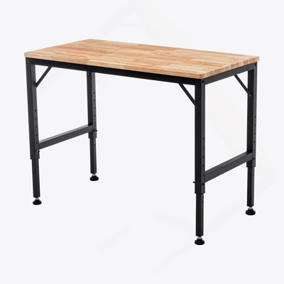 Établi réglable robuste de 48 po pour le garage, table d'atelier en bois d'hévéa avec patins en caoutchouc, poste de travail en bois franc, capacité de poids de plus de 2000 lb