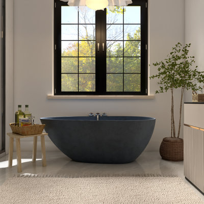 59” Freestanding Solid Surface Outdoor Soaking Stone Bathtub With Concrete Textured