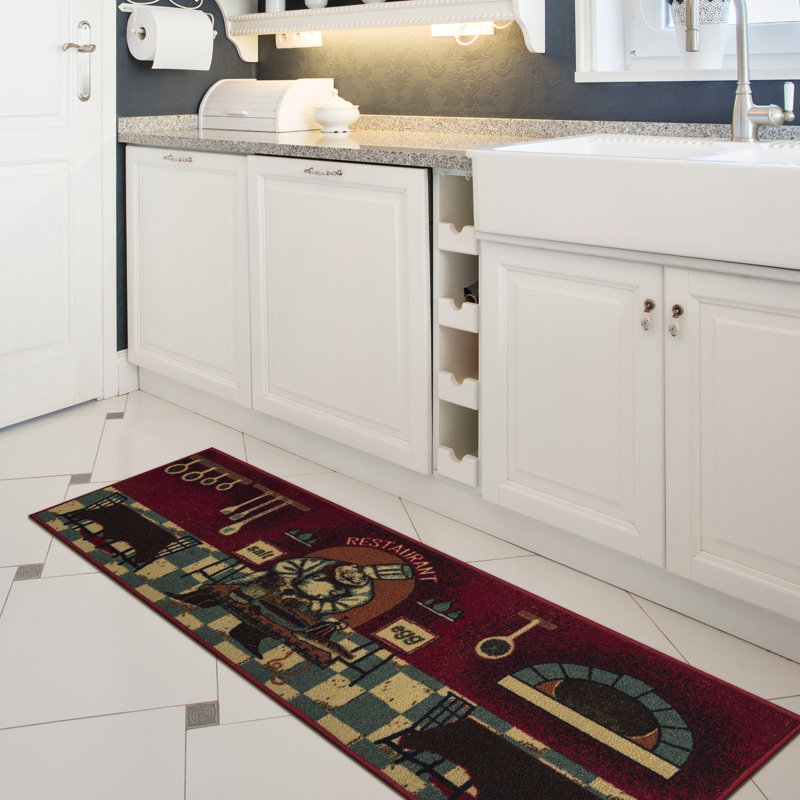 Red Chef Design Non-Slip Kitchen Runner Rug, 20" x 59"