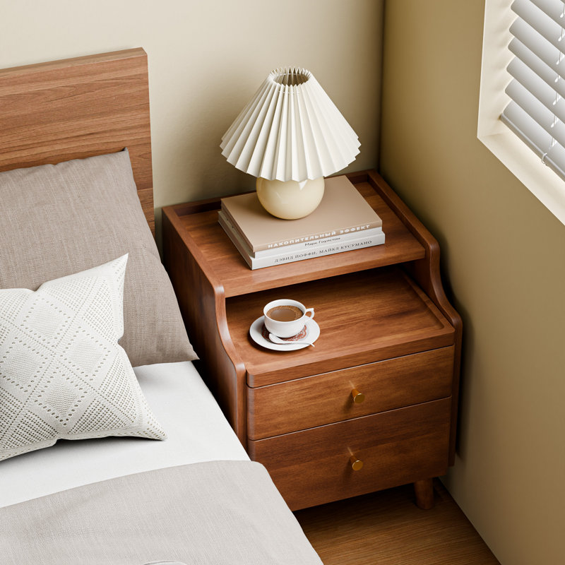 Nightstand with Drawers, Pre-Assembled, Natural Solid Wood Night Stand with Open Sliding Shelf, Walnut
