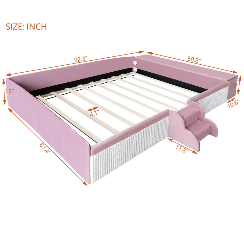 Queen Size Velvet Upholstered Daybed with Stairs & Gas Lift Storage Ottoman, Contrast Color, Padded Guardrails, Pink+White