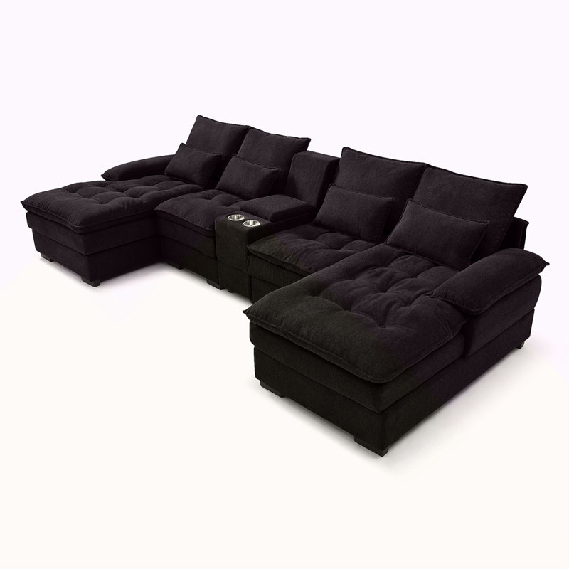 130"  U-Shaped Sofa With Console,Cupholders,6-Seat Upholstered Primary Living Space Furniture,Sleeper Couch Set With Chaise For Living Room,Apartment, (BLACK)