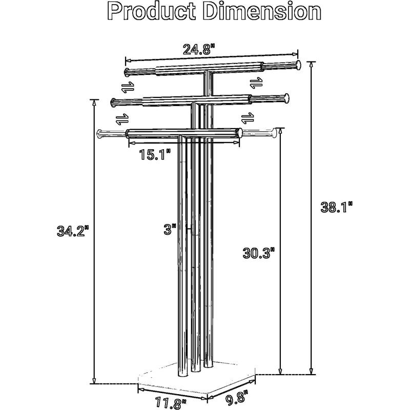 Porte-serviettes de salle de bain autoportant avec base en marbre lesté, support à serviettes de plancher réglable en hauteur et en largeur à 3 niveaux, finition brossée en acier inoxydable