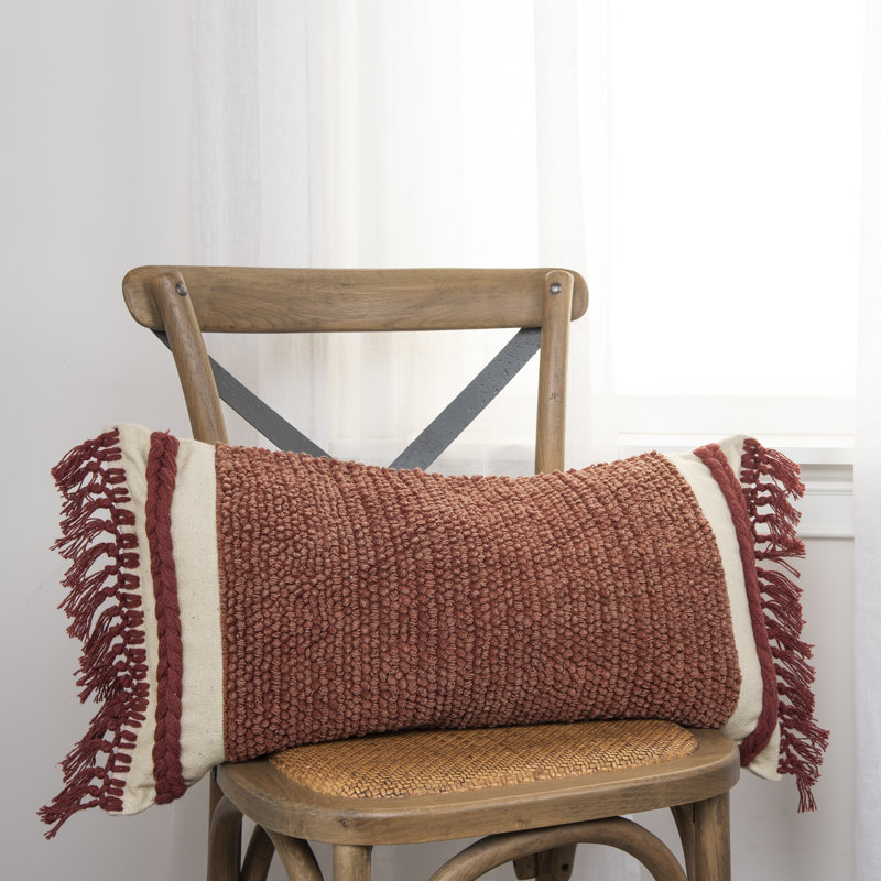 Rust Woven Cotton Macramé Fringe Lumbar Throw Pillow