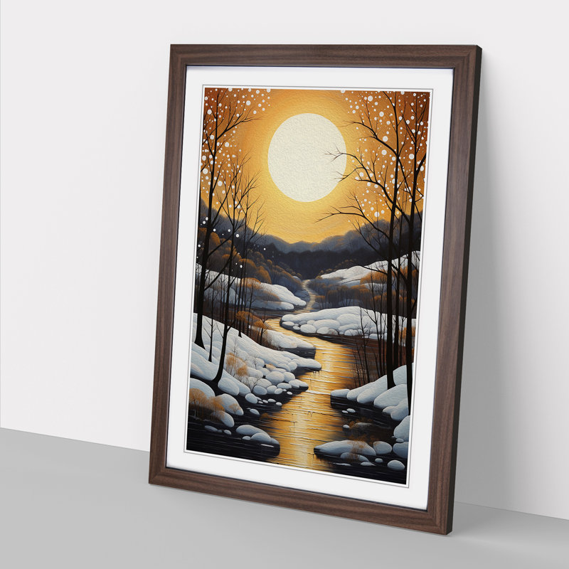 Winter Landscape Contemporary - Single Picture Frame Print on Wood, 34cm H x 25cm W x 2cm D, Walnut