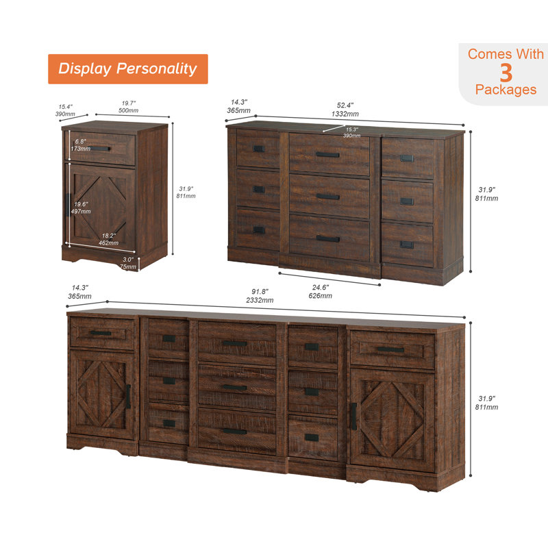 Laziza Modern Farmhouse 3 In 1 TV Stand For Tvs Up To 100",Wooden TV Console Table With Barn Door And 11 Drawers,Tall Entertainment Center For Living Room,Bedroom,