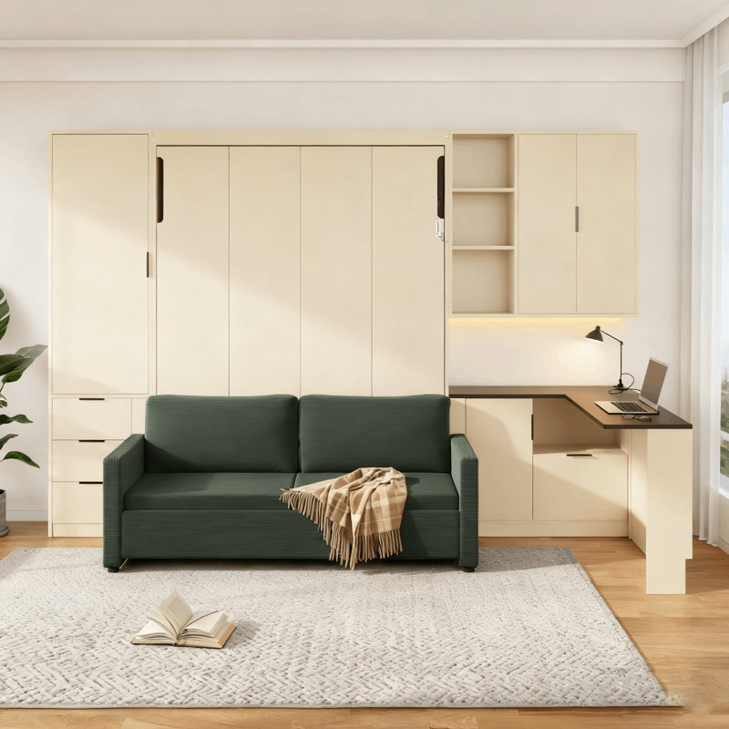 Grand lit escamotable avec canapé-lit, bureau en L et armoire de rangement, tiroirs, Beige