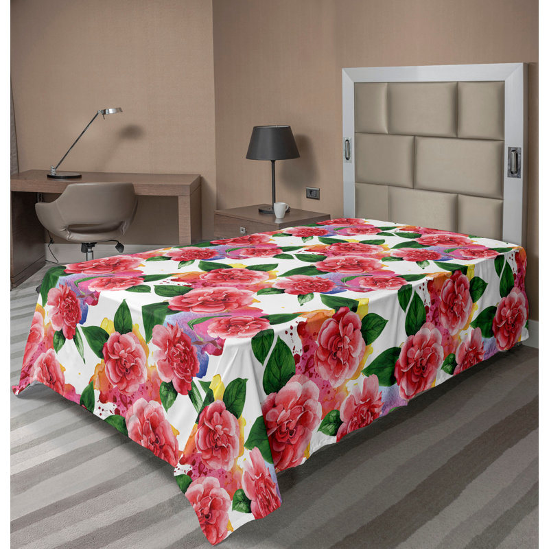 Ambesonne Flowers Flat Sheet Nostalgia Farmhouse, Pastel Pink Coral and Emerald