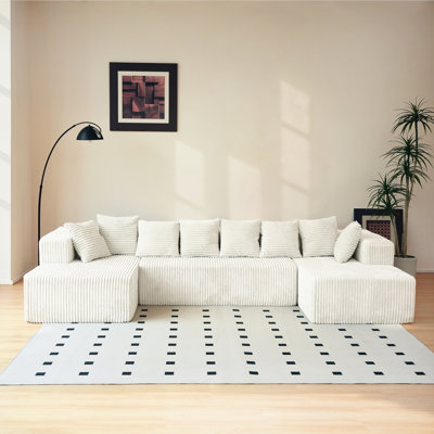 Modular U-Shaped Sectional Sofa, 130-Inch 4-Seater Chaise Lounge With Reversible Design, Striped Corduroy Fabric In BEIGE – Customizable Living Room Or Bedroom Couch, Freely Configurable Layout.