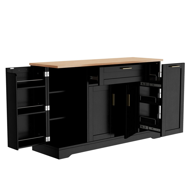 Îlot de cuisine avec table de salle à manger extensible, tablettes réglables et support coulissant à 3 niveaux, noir