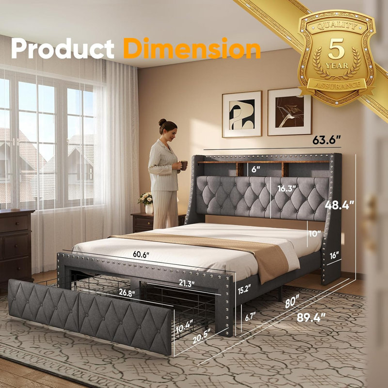 Structure de lit plateforme moderne en bois robuste de grande taille Maxlead 1000 lb avec tiroirs de rangement Système de rangement pour tête de lit à 3 niveaux, 2 tiroirs sous le lit, ports de charge intégrés gris