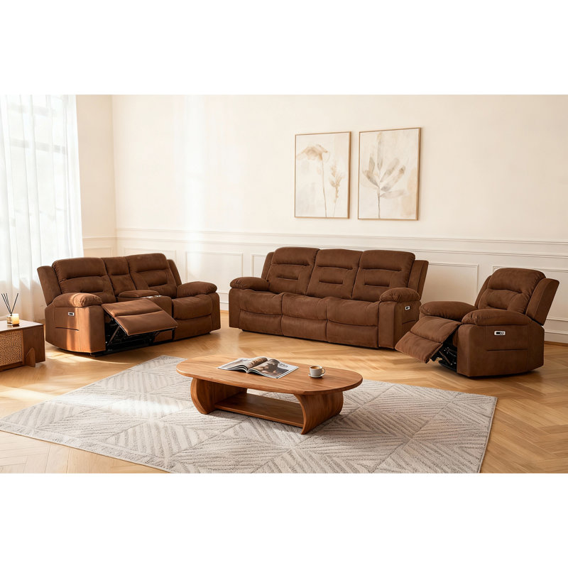 Ensemble de salon en microfibre 3 pièces avec console de rangement et port USB intégré, Brun