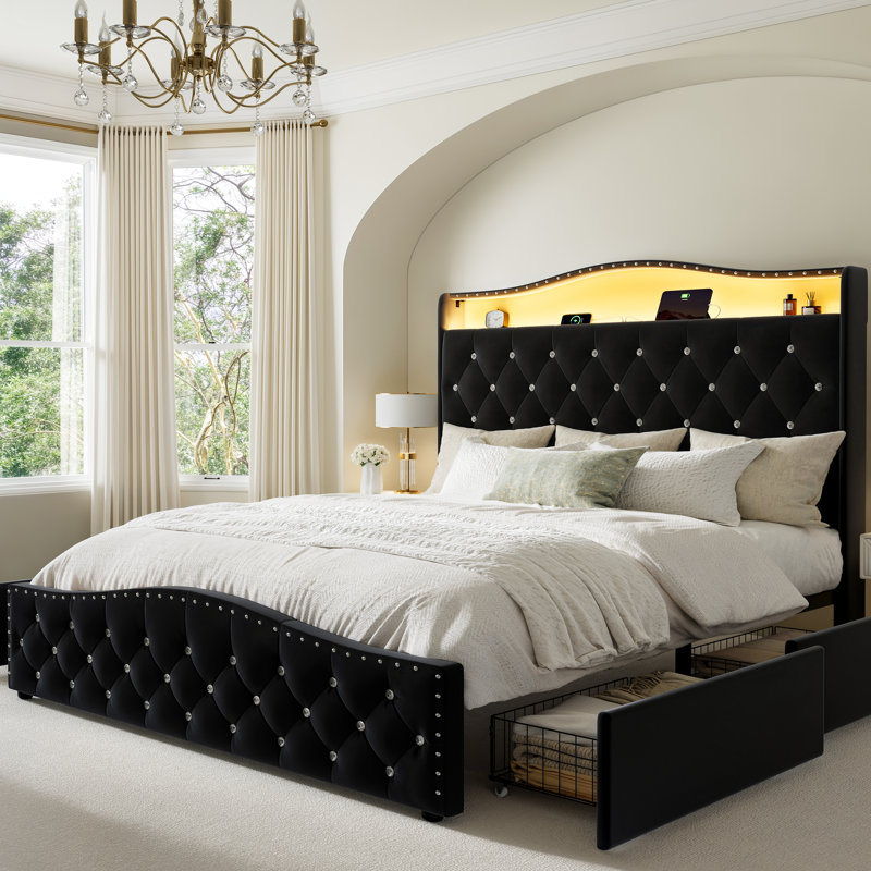 Upholstered Queen Bed Frame with 4 Storage Drawers and 52.5" Tall Headboard, Platform Bed with Charging Station & LED Light, No Spring Box Needed