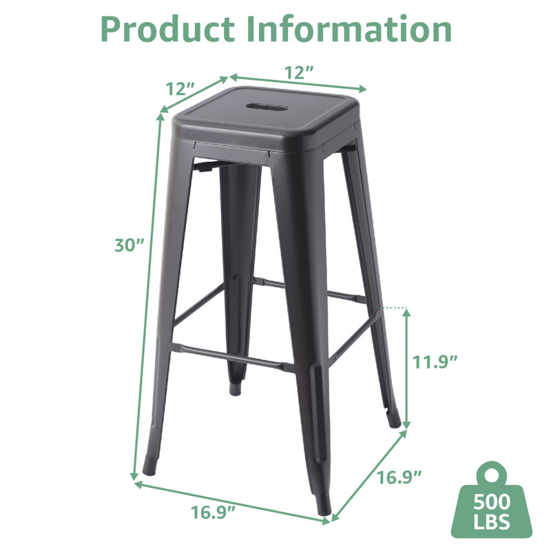 Tabouret en métal sans dossier, Noir, Tabouret de bar d'une hauteur de siège de 30 po