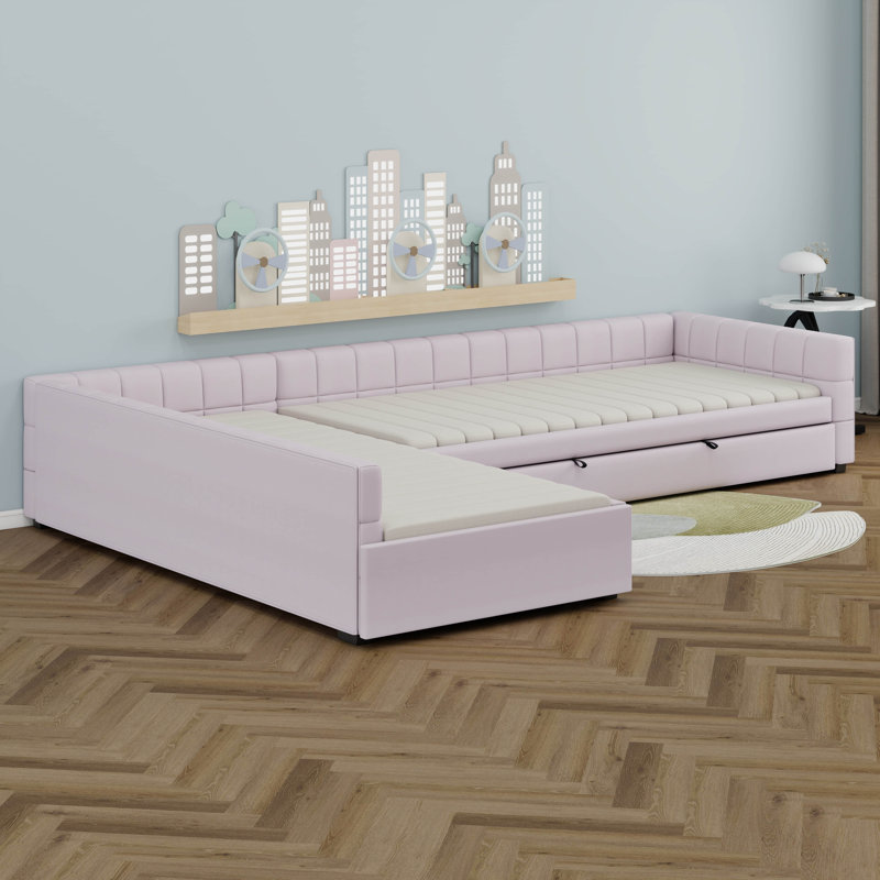 Lit plateforme en L avec lit gigogne, lit de jour rembourré avec tiroir de rangement, 3 lits en 1, Pink