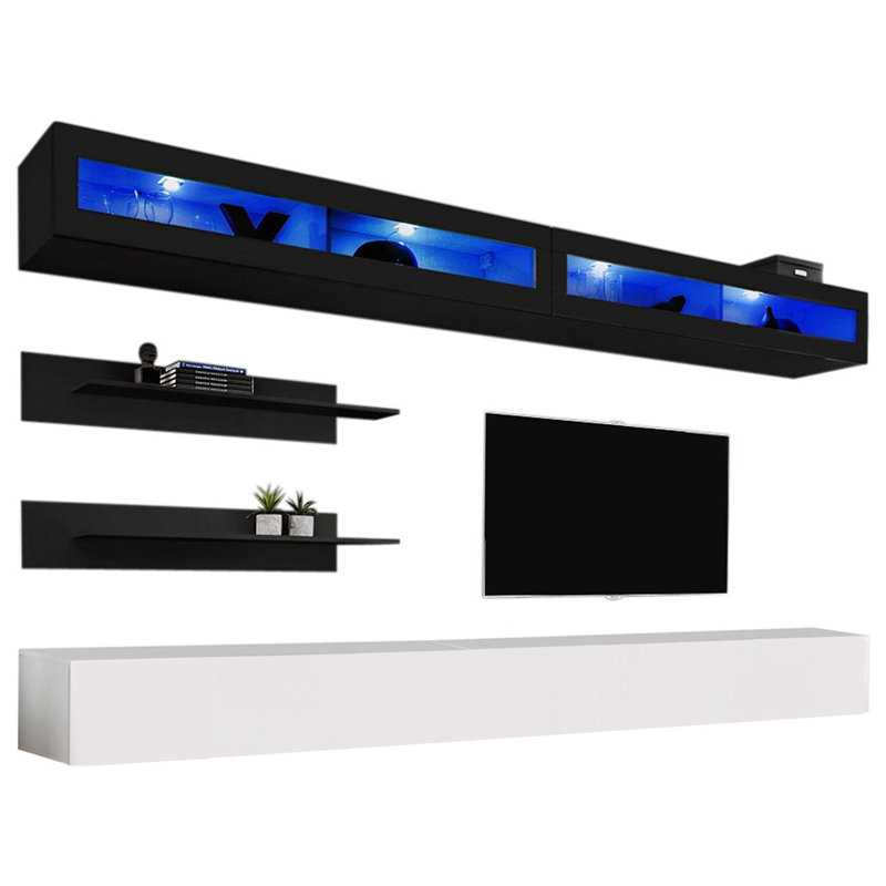 Waconia 126" Modern Floating Wall Mounted Entertainment Center with 16-Color LED Lighting, High Gloss Finish, Black/White