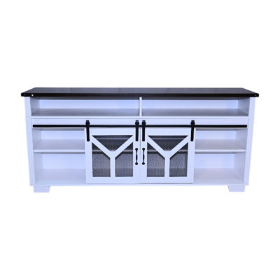 Meuble télé de 65,3 po avec éclairage DEL, porte coulissante en fer forgé et design en Y - Finition décorative raffinée, noyer blanc et noir, conçu pour le salon, pour téléviseurs de 60 à 69 pouces, éclairage stable et attrayant de 66,97 pouces.