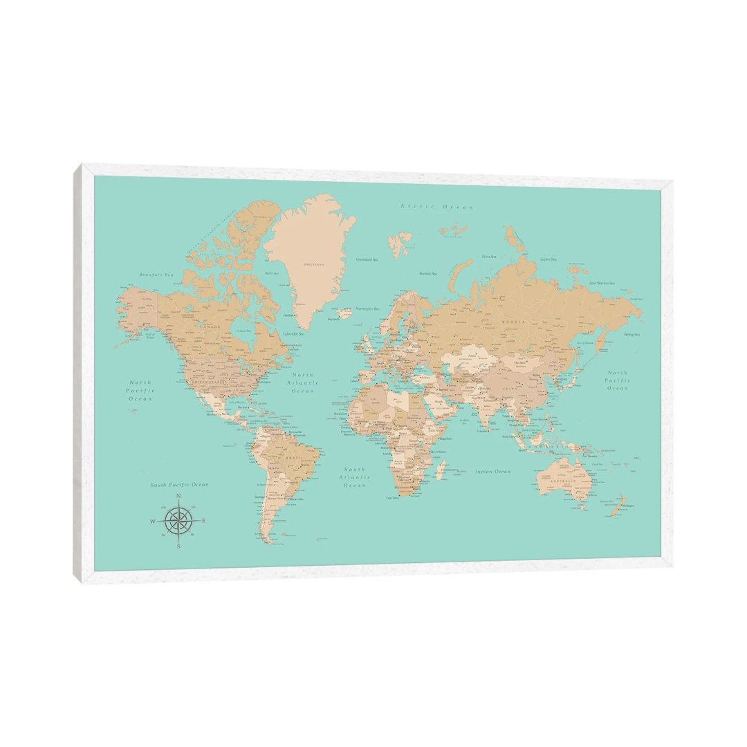 Vintage Style Teal And Brown World Map With Cities by Blursbyai - Gallery- Giclée on Canvas