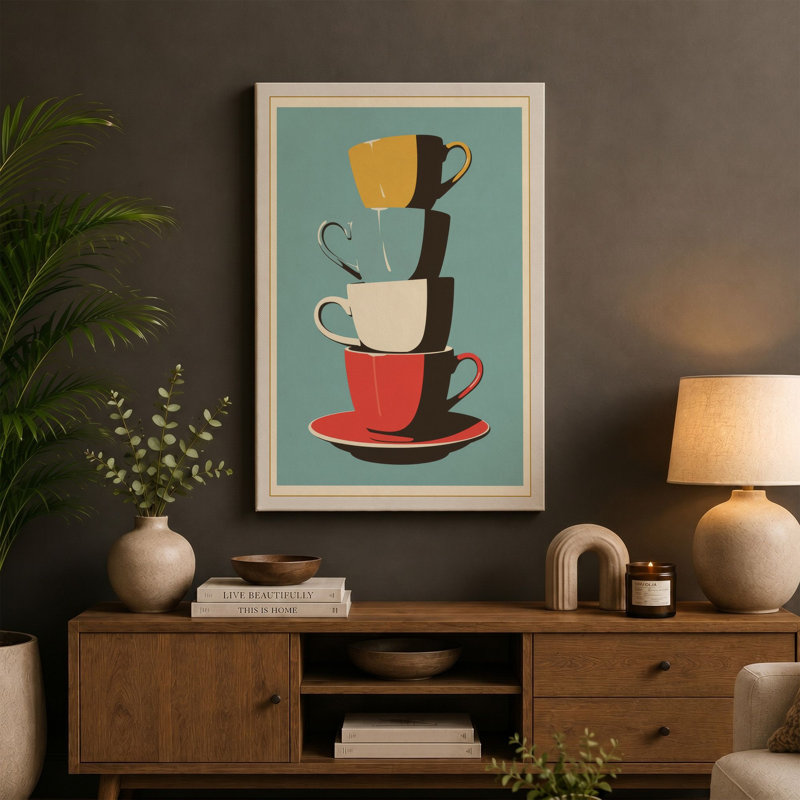 Stacked Teacups Mid-Century - Wrapped Canvas, 30x20 - 76.2 x 50.8 cm, Terracotta Border