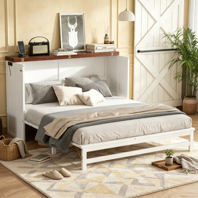 Lit escamotable Murphy avec tiroir de rangement et station de charge pour chambre d'amis, lit escamotable en bois de pin avec tablettes, grand lit, blanc et noyer [avec tiroir]