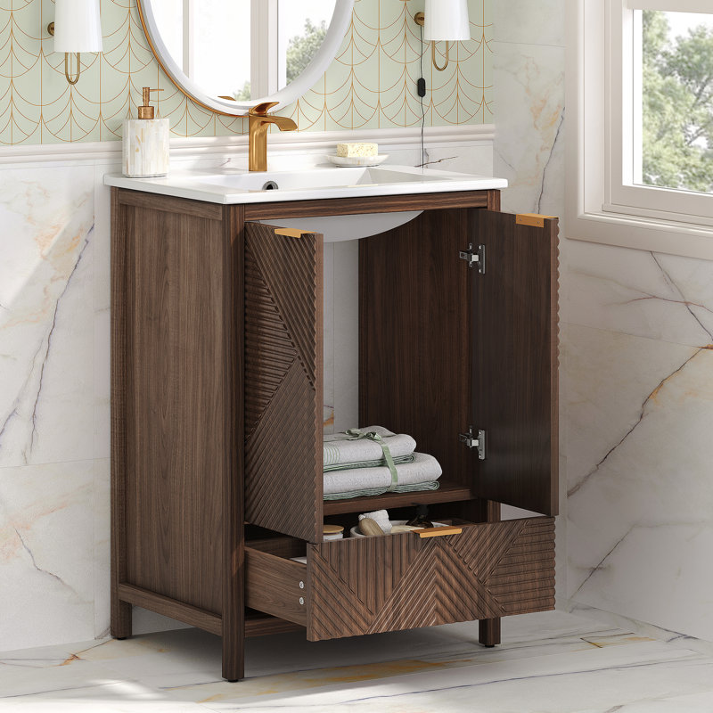 Ensemble de meuble-lavabo moderne avec lavabo, trou de robinet simple, panneaux de porte texturés, tiroir, grand rangement, charnières à fermeture en douceur pour une utilisation pratique