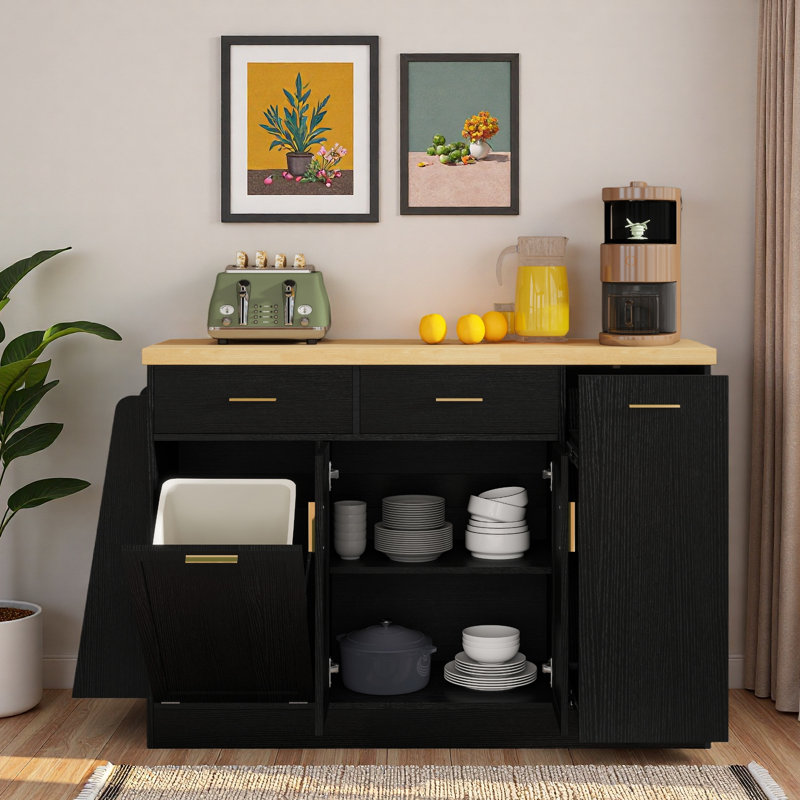 Buffet de rangement multifonctionnel avec rangement pour poubelle, armoire à deux portes, tablette de rangement 3 tiroirs et tiroirs