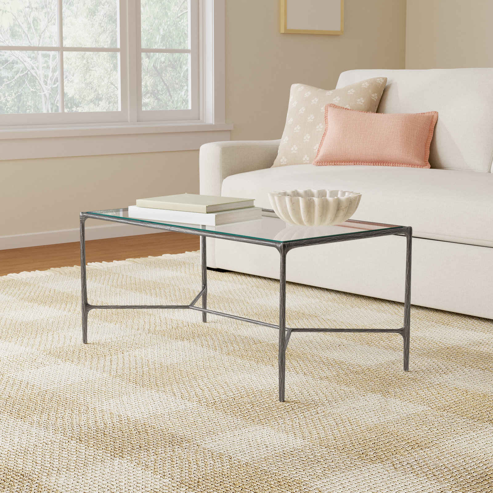 Evelynn 40" Glass Coffee Table, Silver, Clear
