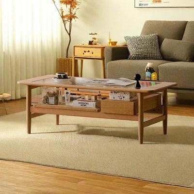 Table basse en rotin et bois de cerisier massif