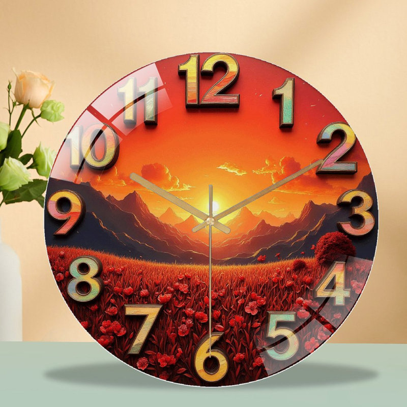 Sunset Mountain Landscape Wall Clock Home Decor Art - 12'' Modern Glass Wall Clock