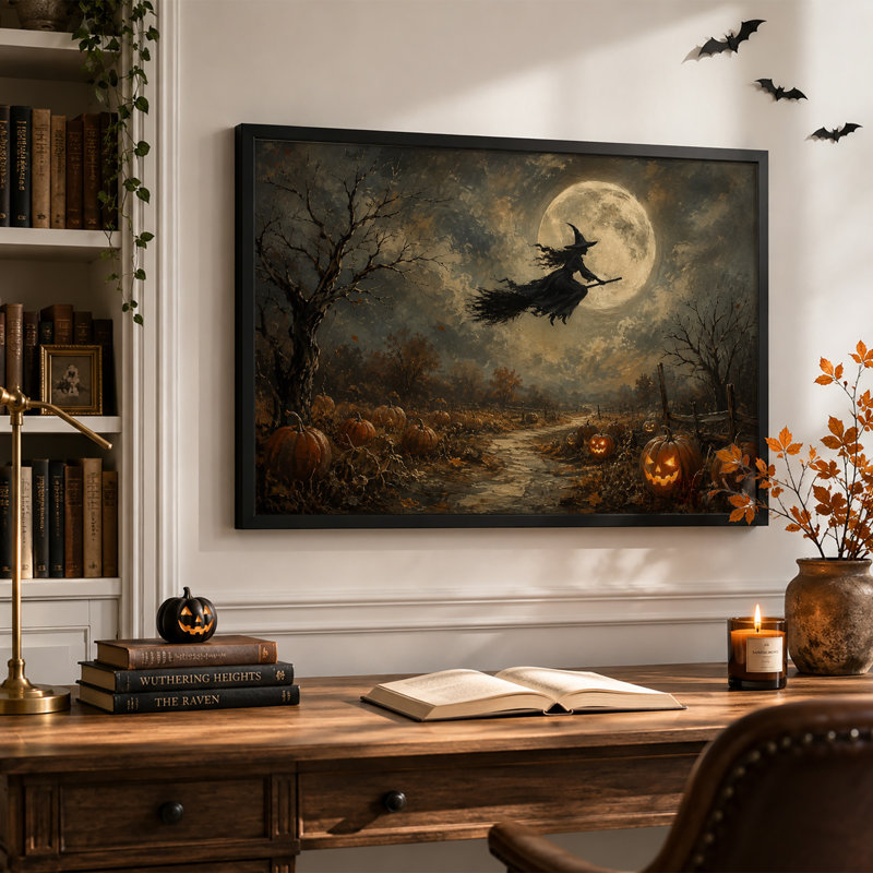 «Witch Flying Over Autumn Pumpkin Patch Under Full Halloween», art mural sur toile, H 20 po x l 30 po