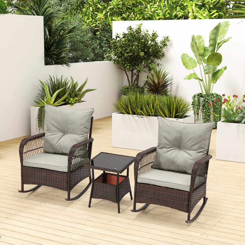 3 Pcs Rocking Bistro Set, Outdoor Pe Rattan Rocking Chairs With Tempered Glass Coffee Table, Patio Rattan Rocker Set For Porch And Garden