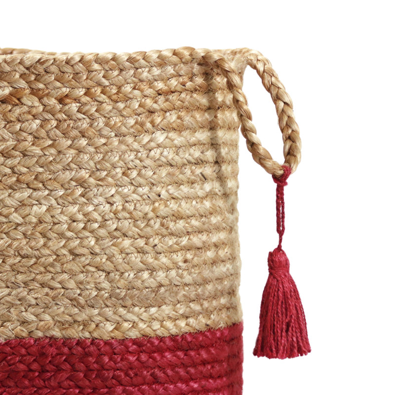 Panier de rangement en jute naturel fait à la main, H 19 po x l 19 po x P 19 po, Brun clair, rouge