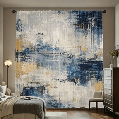 Rideaux filtrant la lumière avec passe-tringle 2PCS, rideaux à imprimé abstrait beige et bleu, coupes de pinceau abstraites, art contemporain, décorations de fenêtre toutes saisons pour salon, chambre à coucher, étude de la maison, décoration