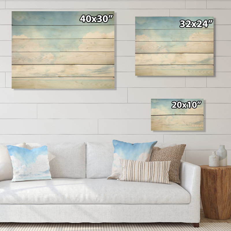 Nuage blanc paysage minimaliste I - nuages, art mural sur bois de pin naturel, H 10 po x l 20 po