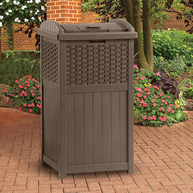 Beige and Brown Plastic Outdoor Trash Hideaway Set, 33 Gallon