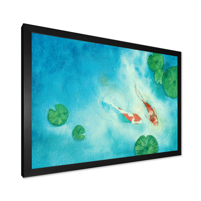 Poisson asiatique Koi - reproduction sur toile, Cadre d'angle fermé noir, H 8 po x l 12 po x P 1 po