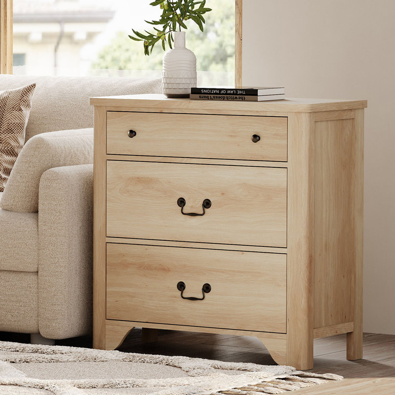 Farmhouse 3-Drawer Dresser,Modern 31.5" End Table With Ample Storage,Wood Wide Chest For Bedroom,Living, Oak