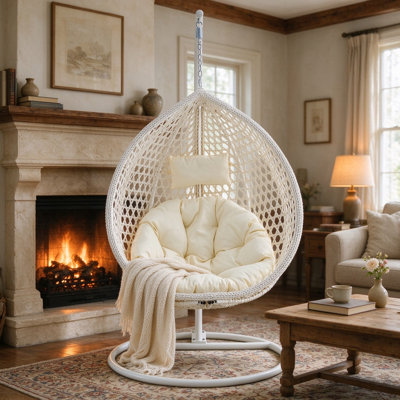 Chaviano Outdoor/Indoor Wicker Egg Chair with C-Stand, Teardrop Swing Chair with UV-Resistant Cushion for Patio, Garden & Porch