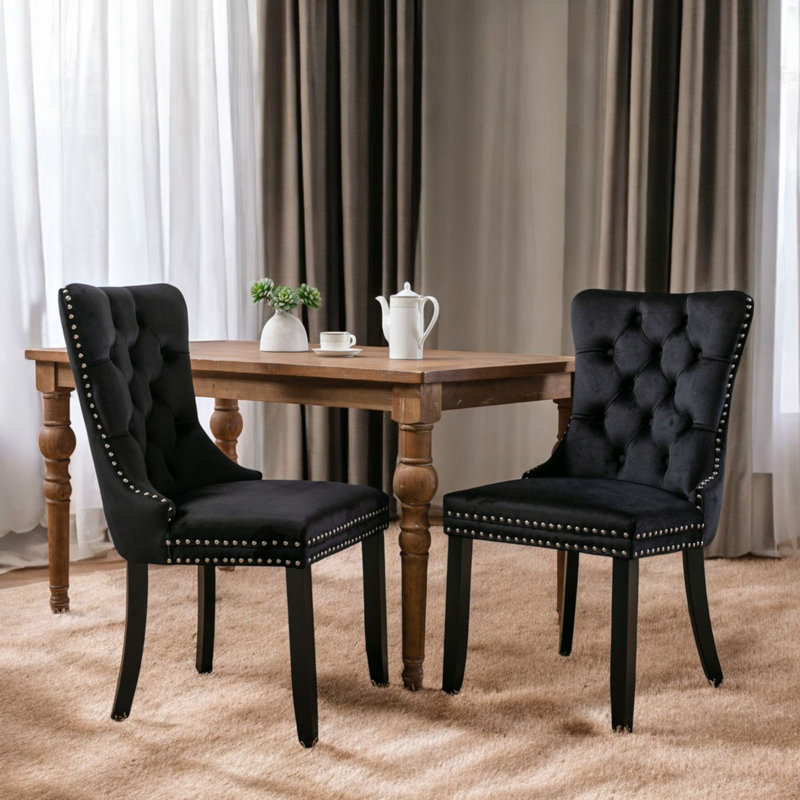 Miya Upholstered Velvet Dining Chair Button Tufted with Brushed Wood Legs Kitchen Lounge Chairs, Black, 2, Black