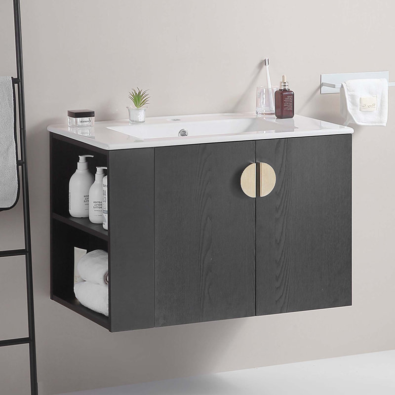 Meuble-lavabo de salle de bain avec lavabo, 2 portes et tablette de rangement ouverte, Noir